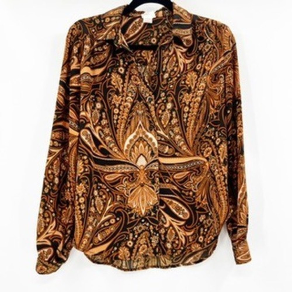 Richard Allan x H&M Paisley Print Button Down Blouse Women US 2‎ Black Brown